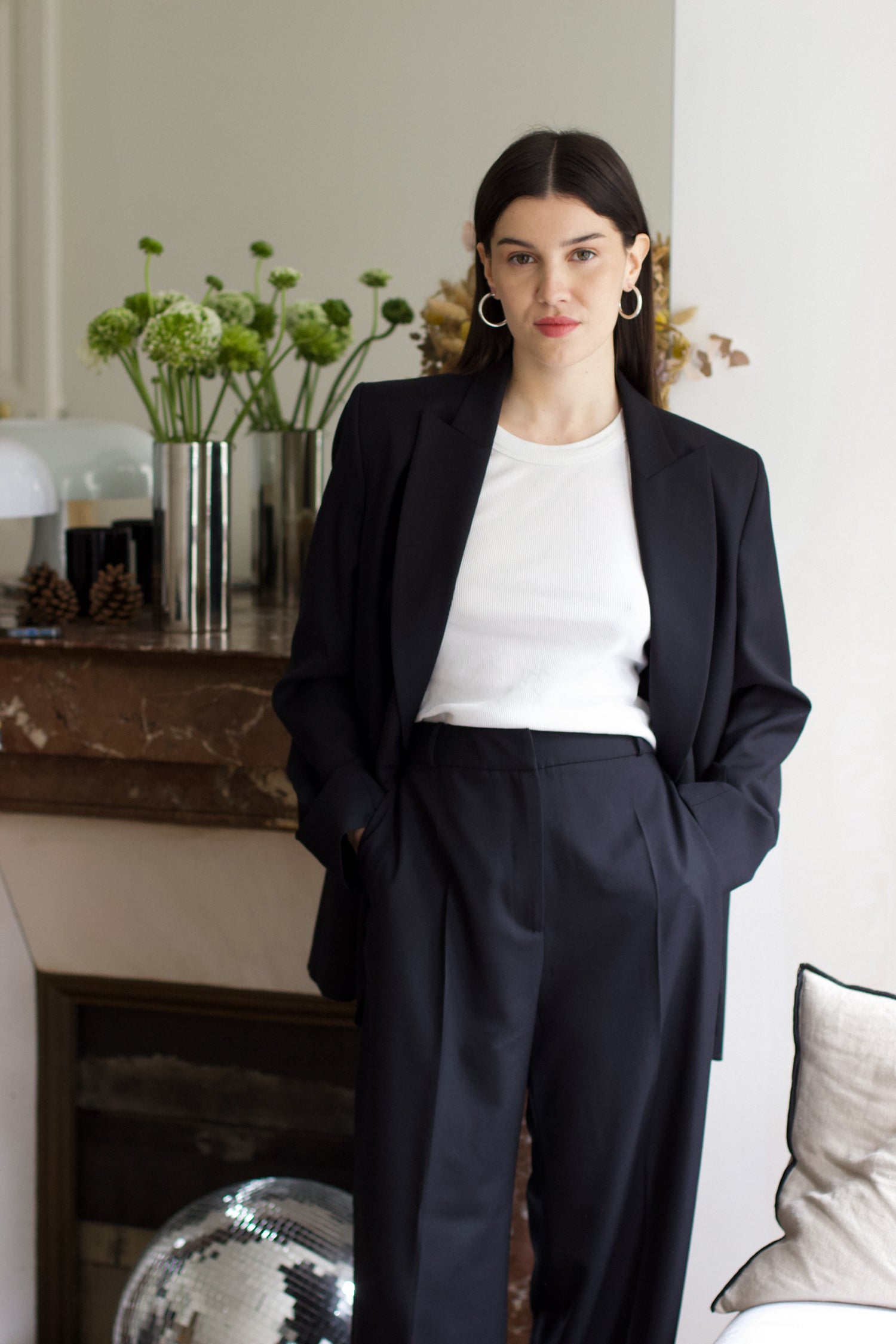 veste de tailleur croisée femme double boutonnage twill de laine noire Made in France par Facettes Studio