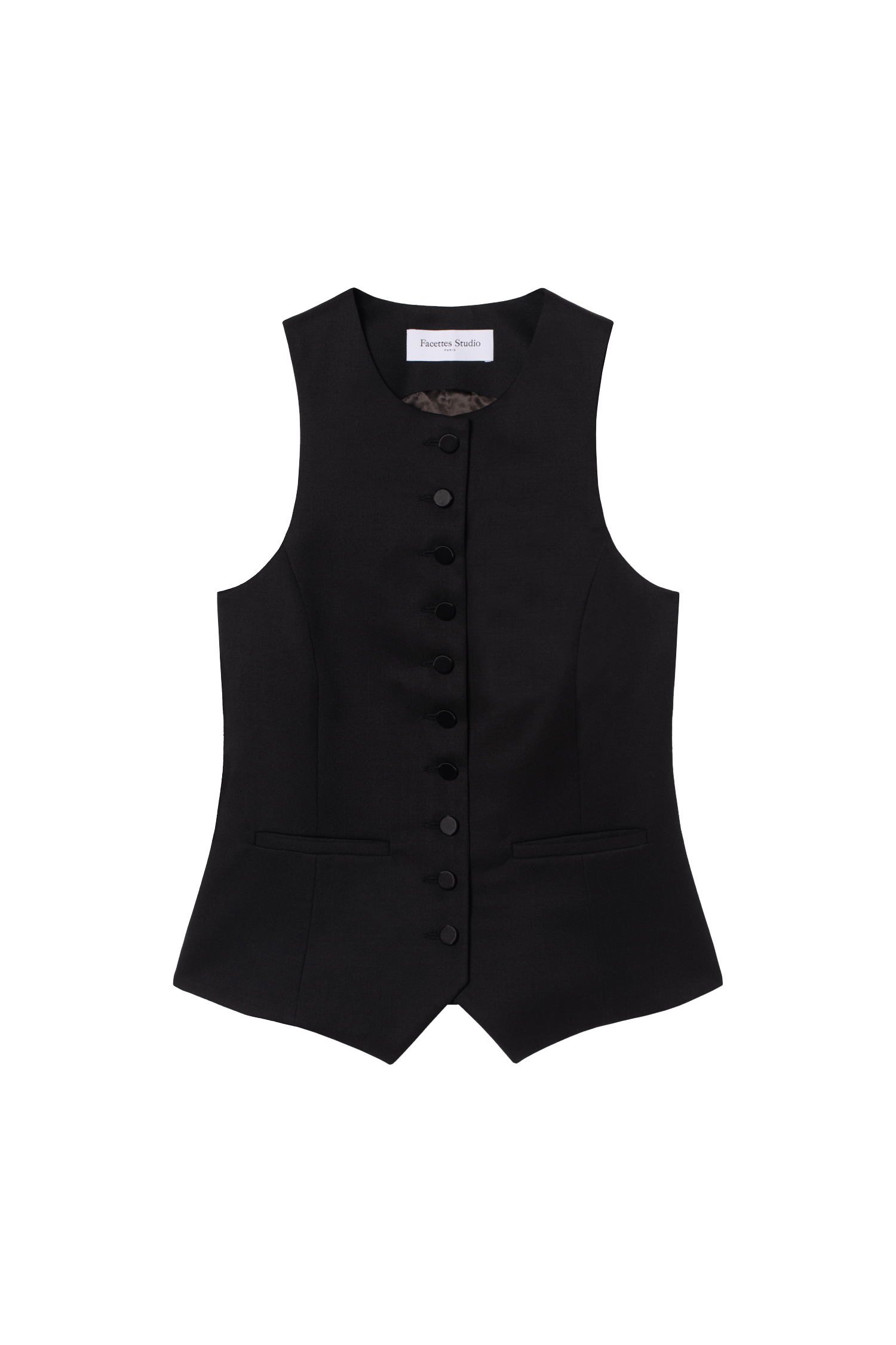 gilet de costume femme grain de poudre et boutons de satin noir Made in France par Facettes Studio