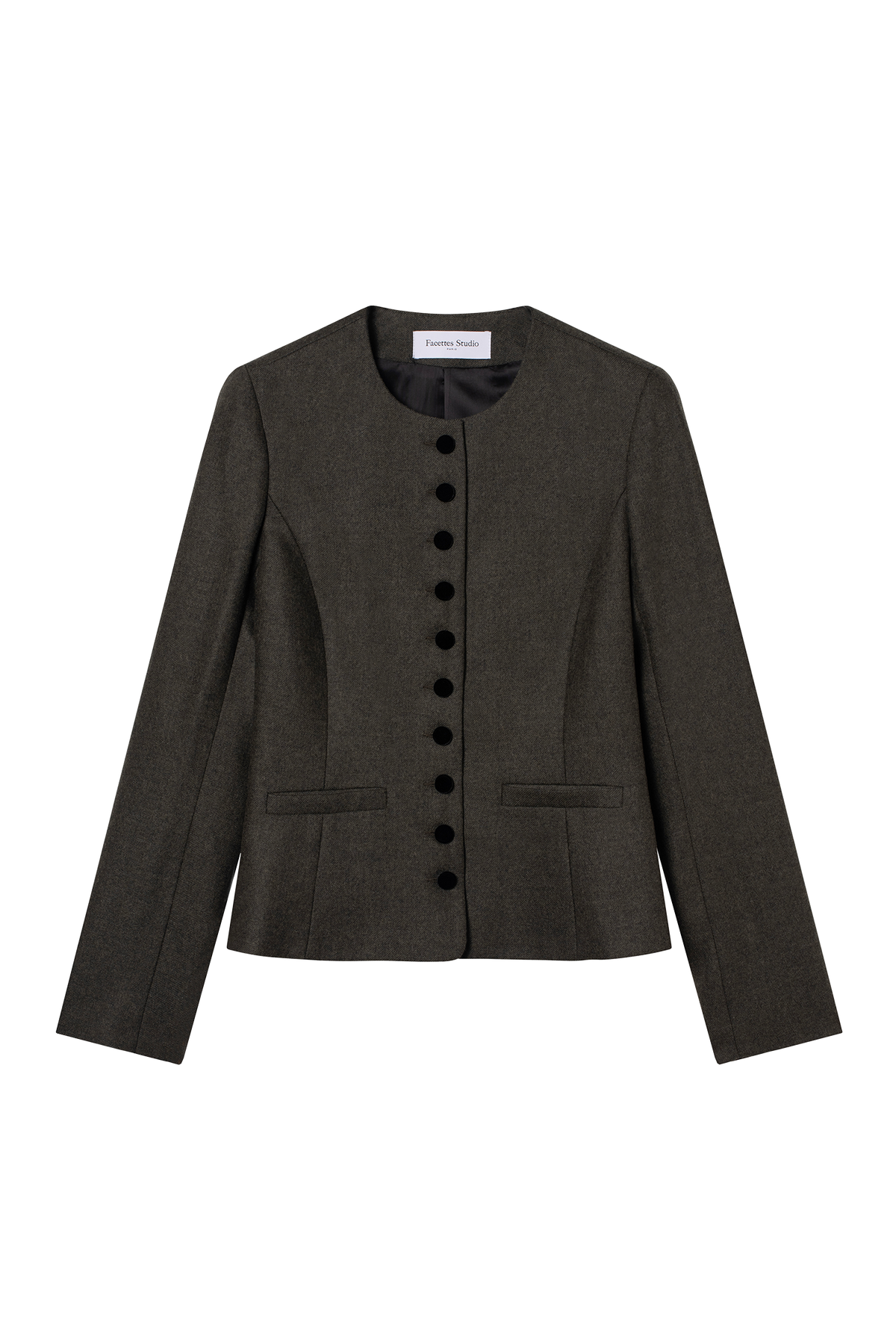 veste cintrée col rond femme en flanelle de laine vert forêt et boutons de velour noir Made in France par Facettes Studio