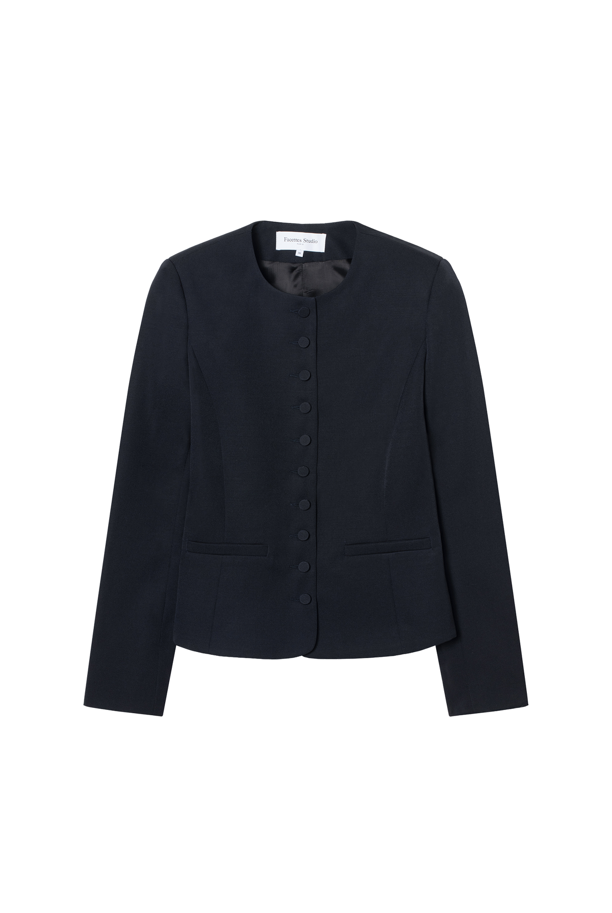veste cintrée col rond pour femme en twill de laine anthracite Made in France par Facettes Studio