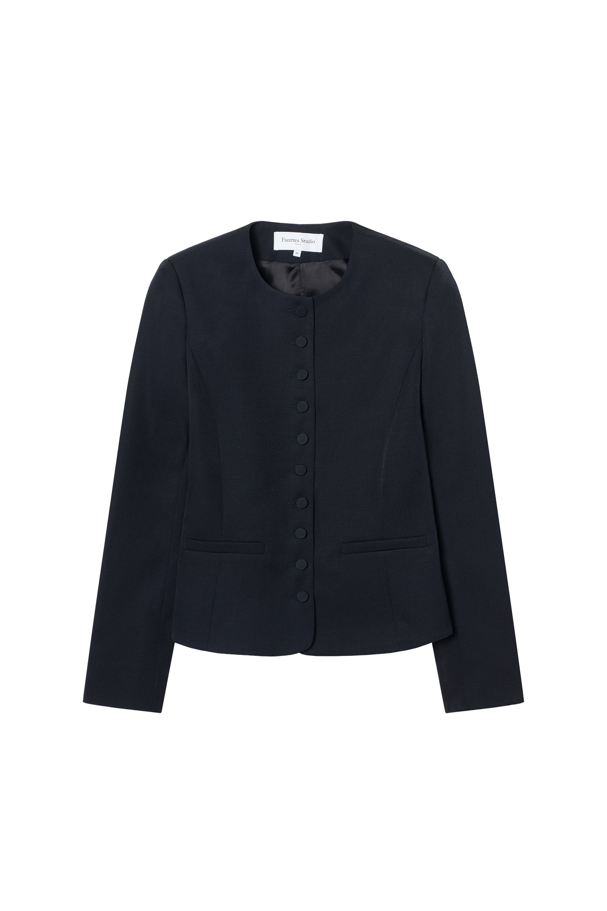 veste cintrée col rond pour femme en twill de laine anthracite Made in France par Facettes Studio