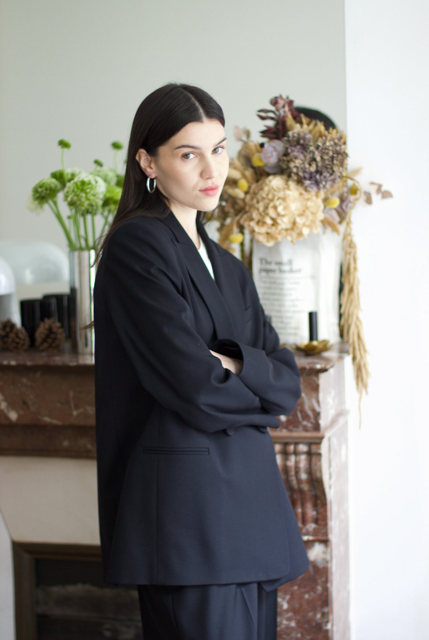 veste de tailleur croisée femme double boutonnage twill de laine noire Made in France par Facettes Studio