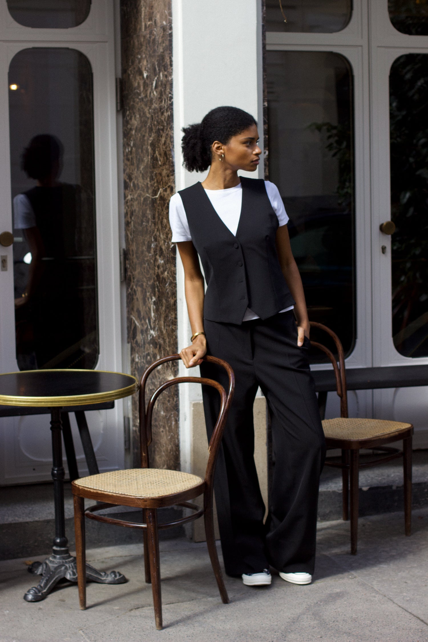 gilet veston de tailleur femme gabardine de laine noire Made in France par Facettes Studio