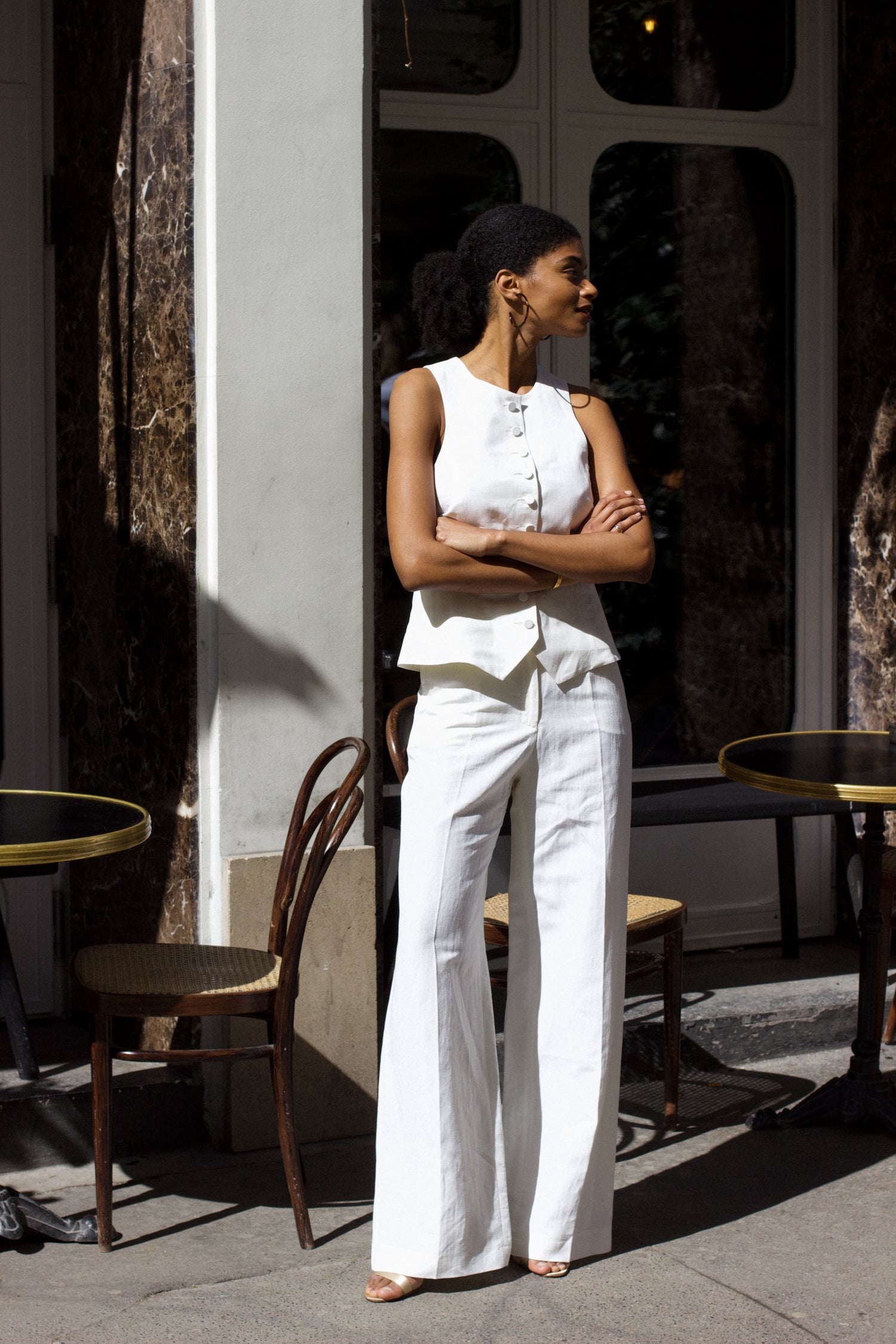 pantalon de tailleur femme toile de lin et soie blanc cassé Made in France par Facettes Studio