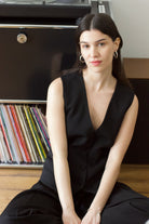 gilet veston de tailleur femme gabardine de laine noire Made in France par Facettes Studio