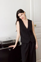 gilet veston de tailleur femme gabardine de laine noire Made in France par Facettes Studio