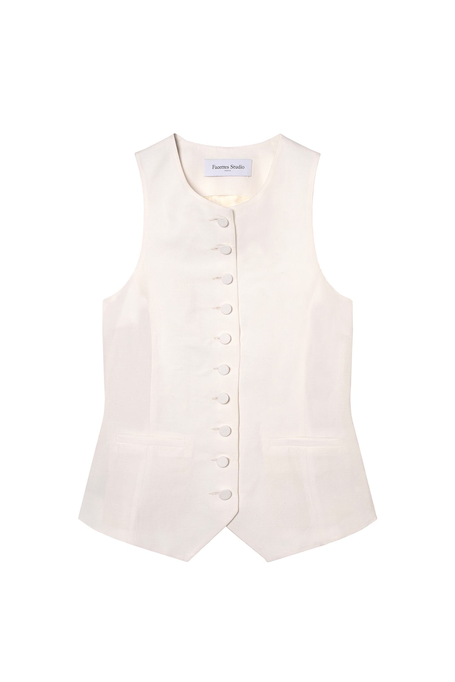 gilet veston de tailleur femme toile de lin et soie blanc cassé Made in France par Facettes Studio
