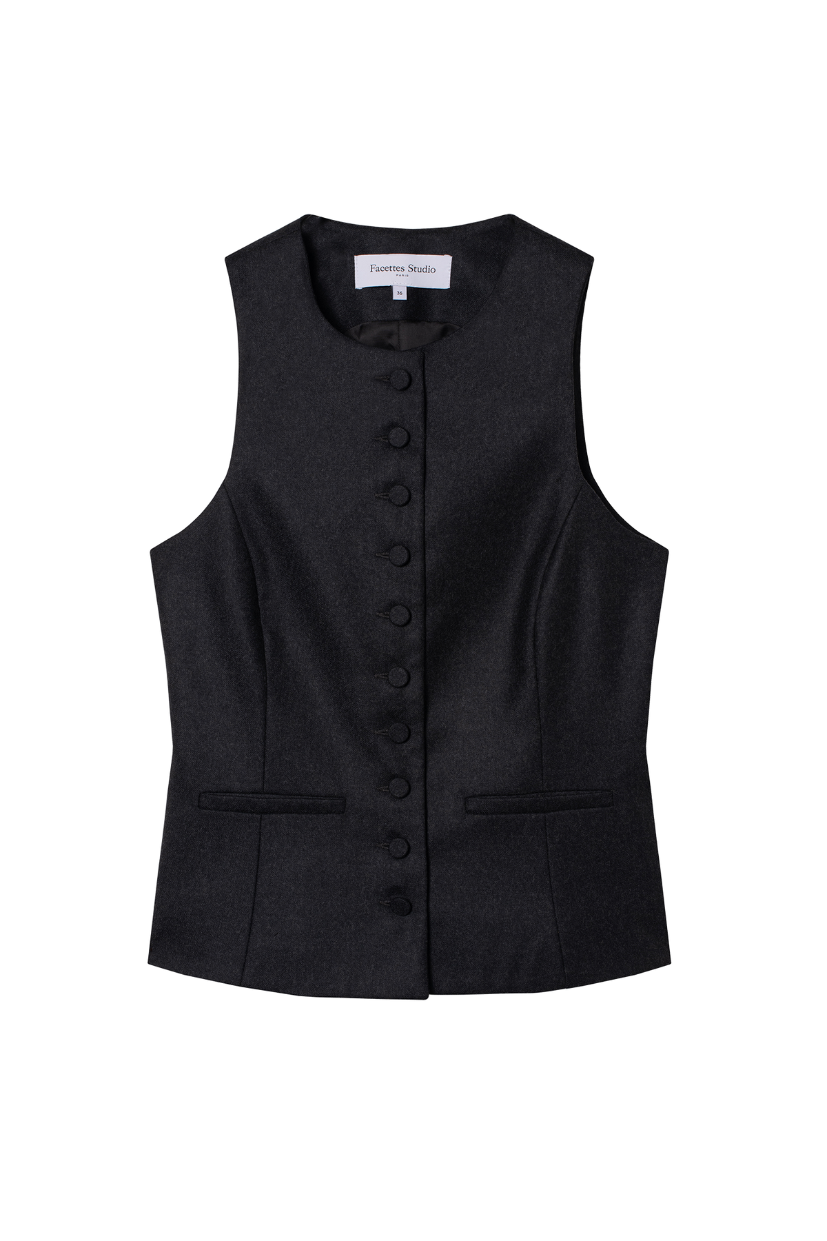 gilet tailleur femme flanelle de laine anthracite Made in France par Facettes Studio