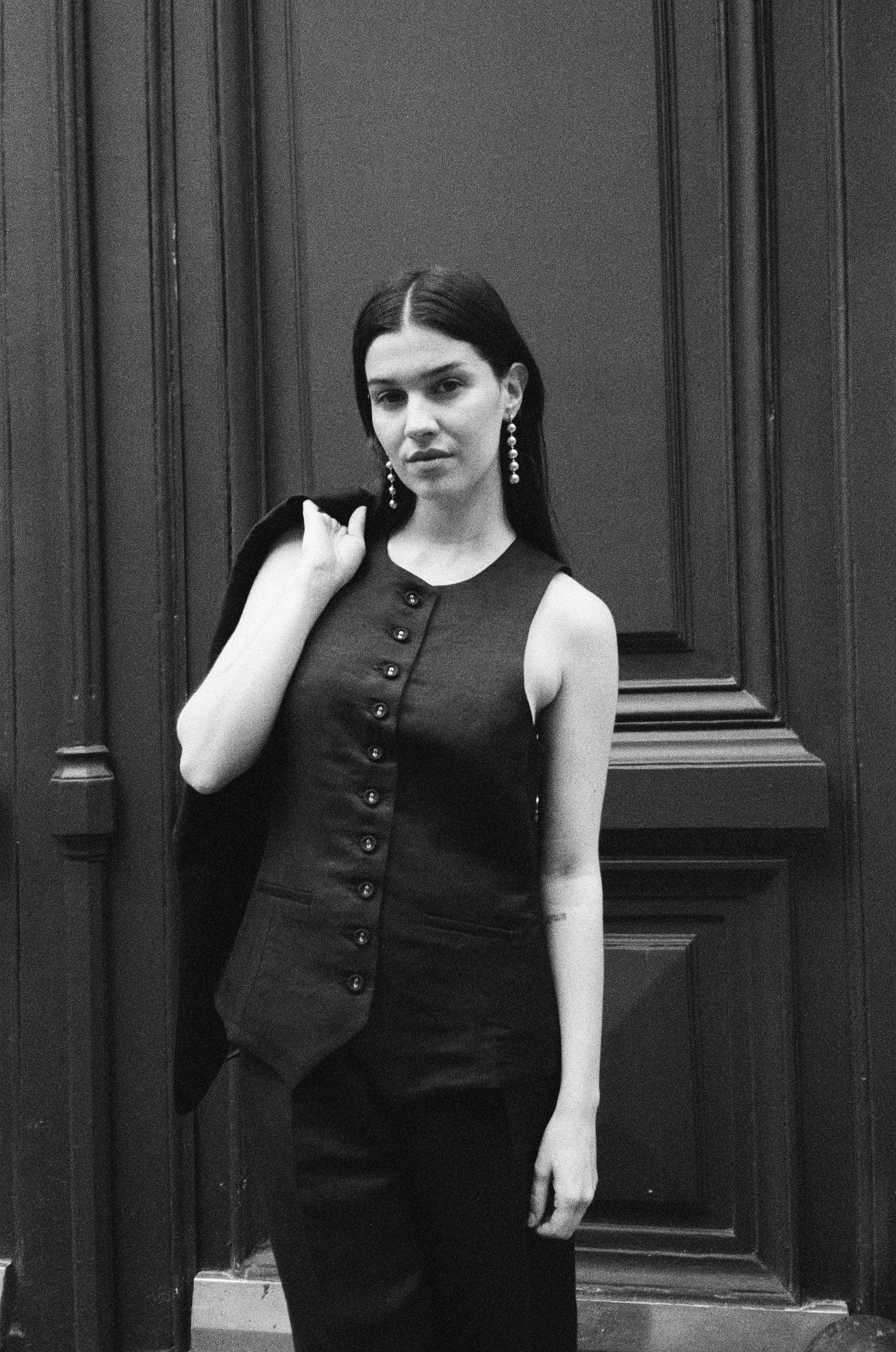 gilet vestion de tailleur femme twill de lin noir Made in France par Facettes Studio