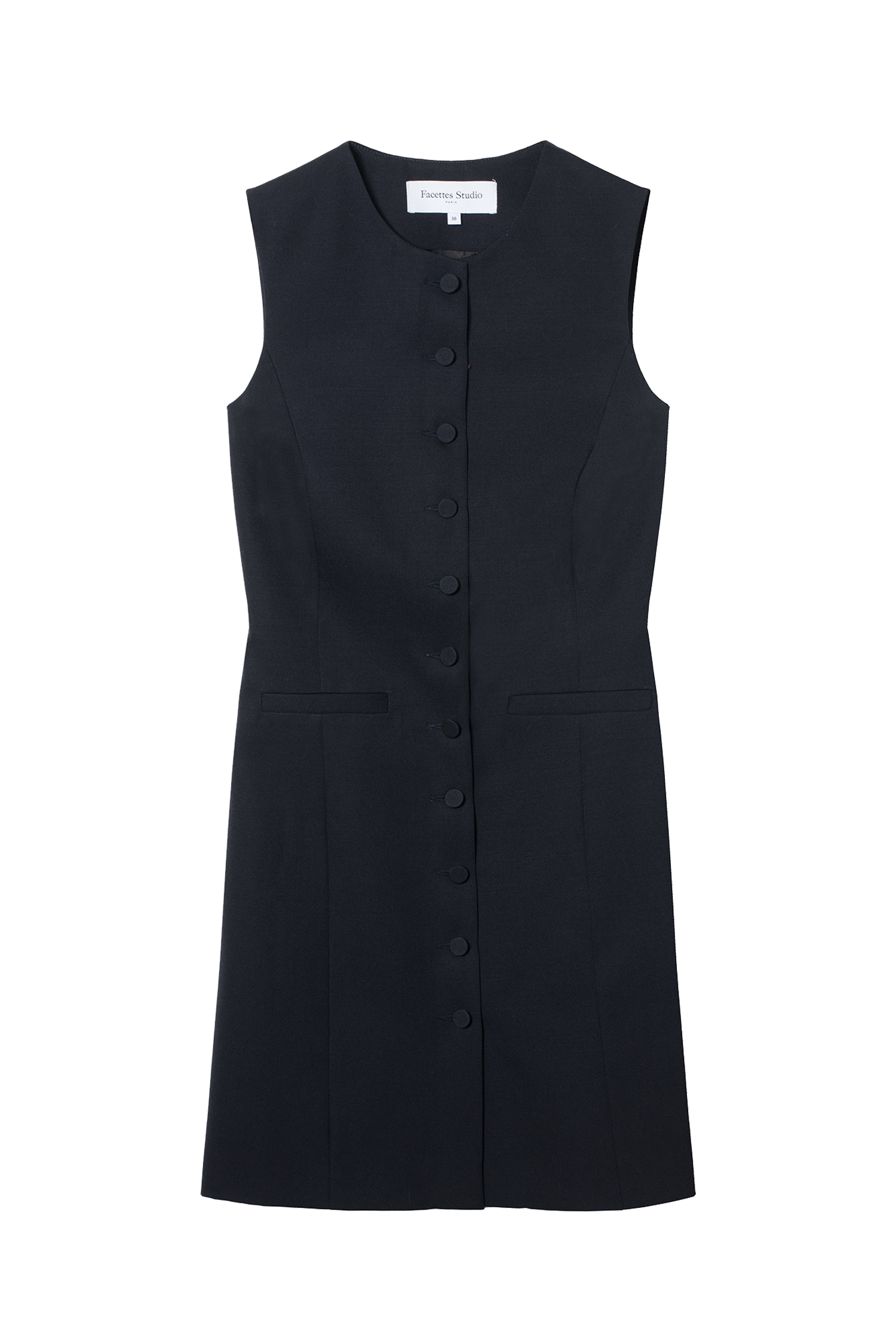 robe courte col rond sans manches en twill de laine anthracite Made in France par Facettes Studio