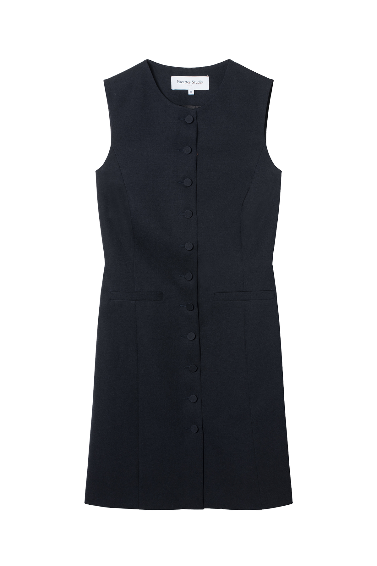 robe courte col rond sans manches en twill de laine anthracite Made in France par Facettes Studio