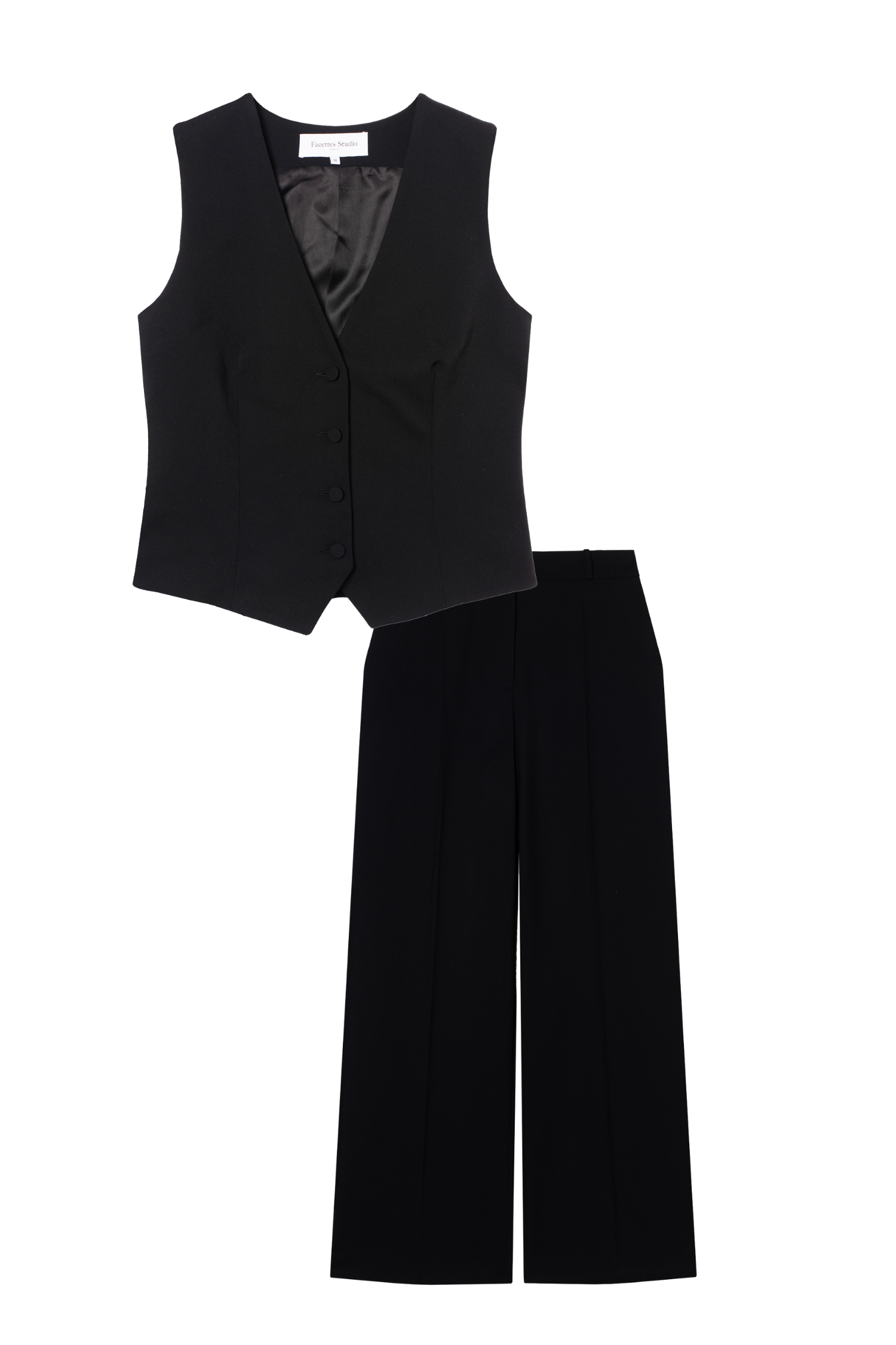 ensemble gilet et pantalon en gabardine de laine noire Made in France par Facettes Studio