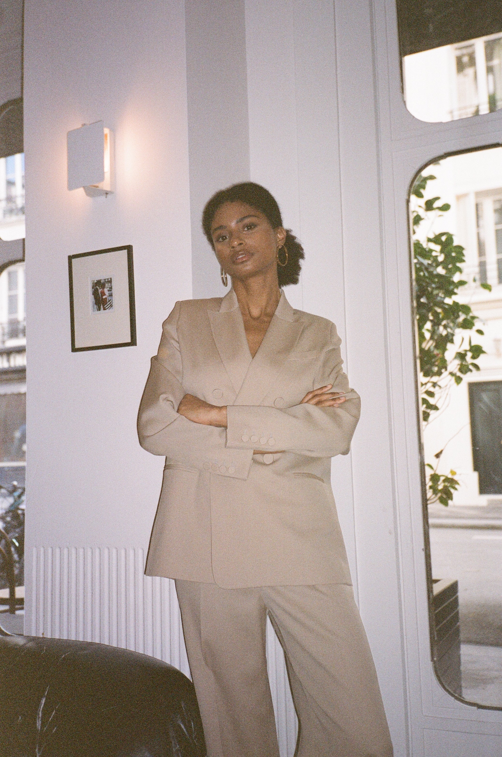 veste de tailleur croisée femme double boutonnage gabardine de laine beige Made in France par Facettes Studio