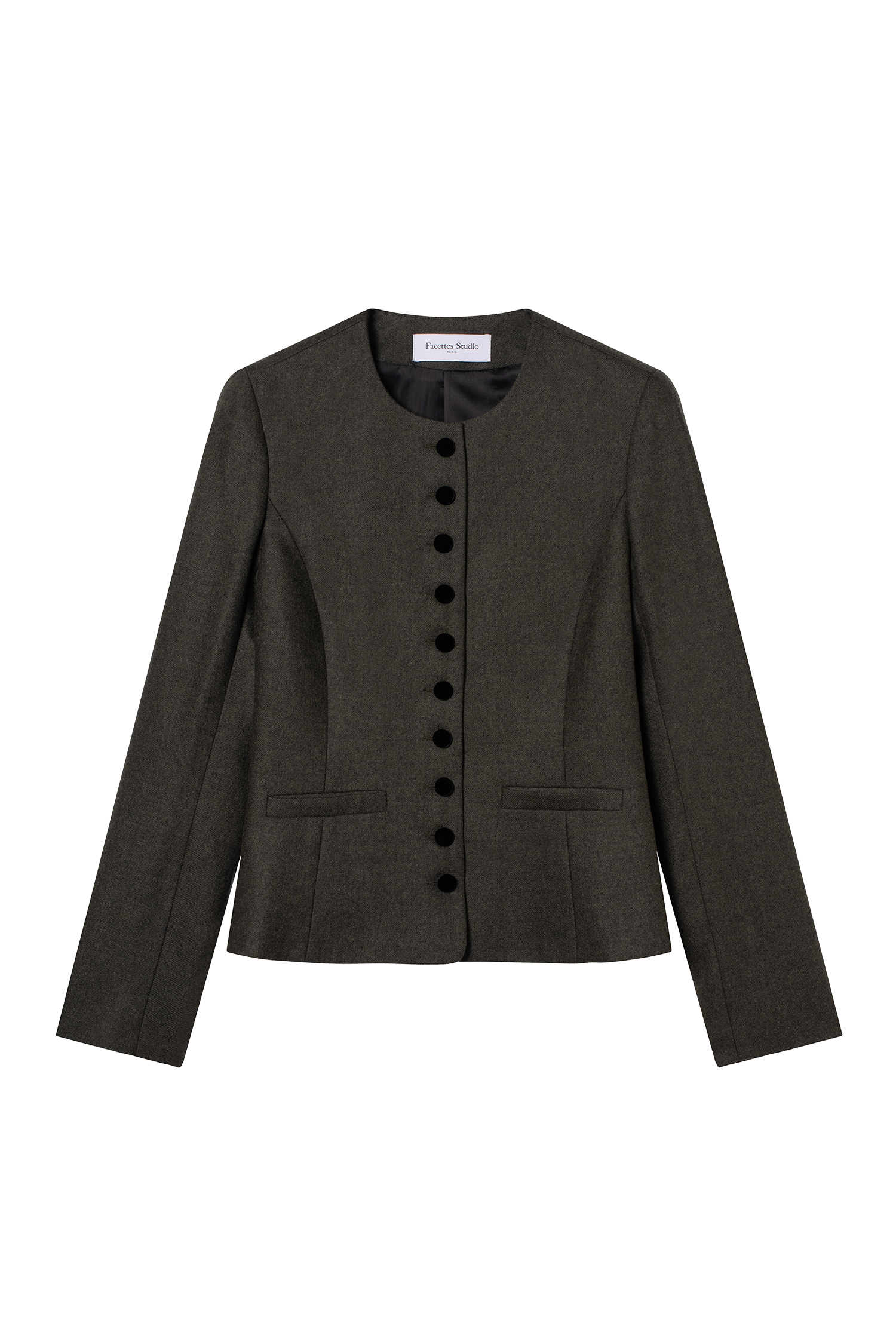veste cintrée col rond femme en flanelle de laine vert forêt et boutons de velour noir Made in France par Facettes Studio