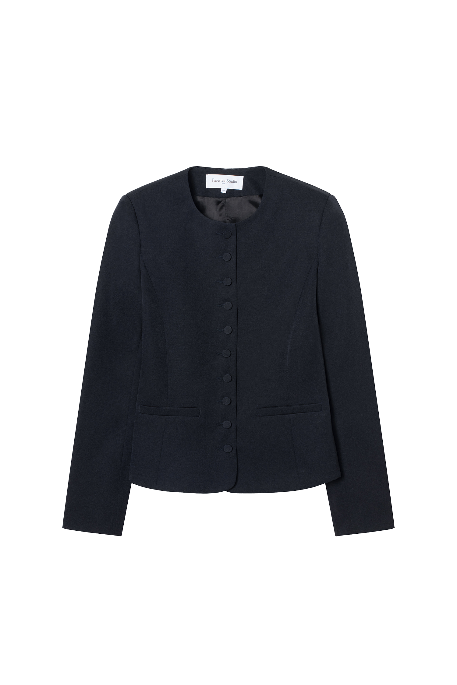veste cintrée col rond pour femme en twill de laine anthracite Made in France par Facettes Studio