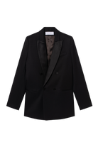 veste de smoking noire pour femme à double boutonnage en grain de poudre de laine noir et col en satin de soie noir par Facettes Studio