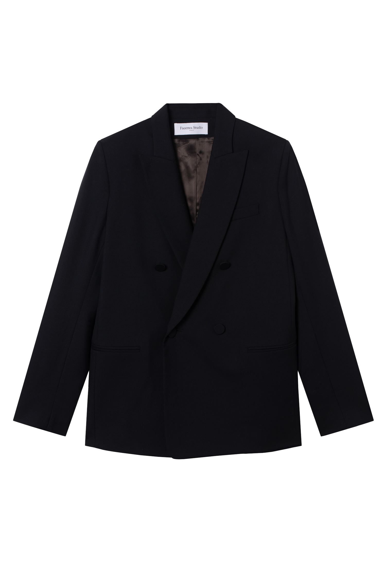 veste de tailleur croisée femme double boutonnage twill de laine noire Made in France par Facettes Studio