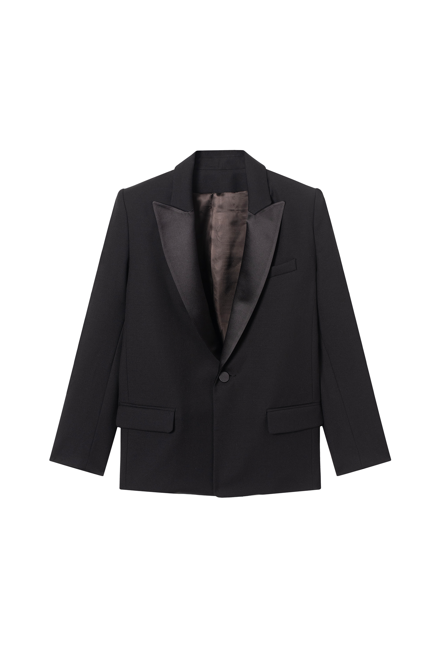 veste smoking femme col satin noir et grain de poudre en laine made in France par Facettes Studio